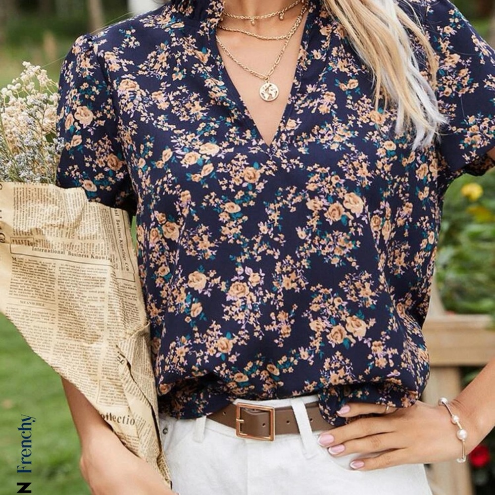Frenchy Allover Floral Notch Neck Blouse